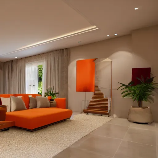 Prompt: interior design of a summer villa, orange and light brown color scheme, vivid lighting, photorealist, 4 k
