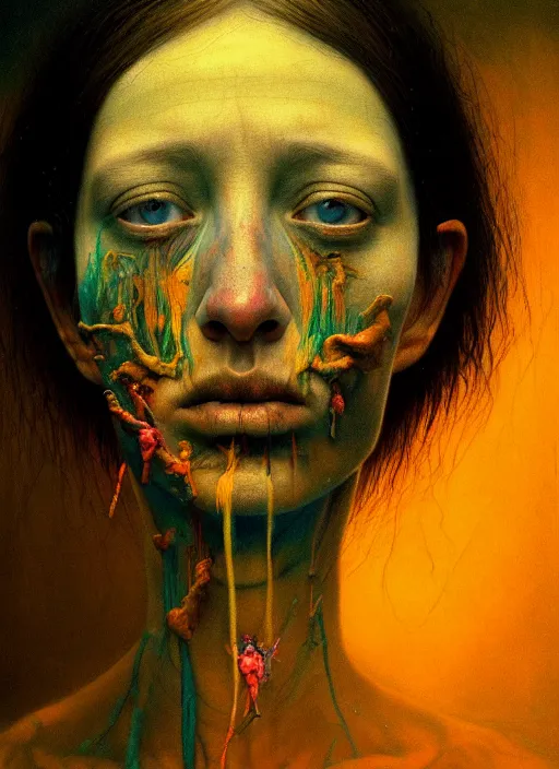 Prompt: there is ugliness in beauty, but there is also beauty in ugliness detailed portrait painting inspired by beksinski and alex gray, anamorphic lens, anamorphic lens flares, kodakchrome, cinematic composition, practical effects, painterly ghibli style, by jenny saville. 8 k