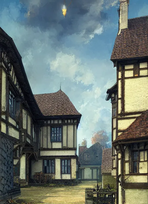 Prompt: portrait of a tudor manor house on a street, architecture, highly detailed, blue sky, cinematic lighting, digital art painting by greg rutkowski