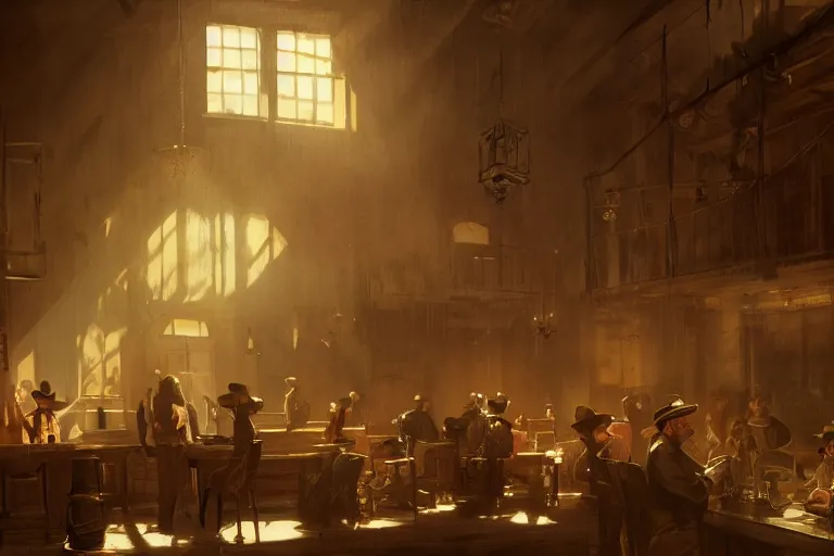 Prompt: 1800s saloon interior, dramatic lighting, cowboys drinking, concept art, greg rutkowski, artstation