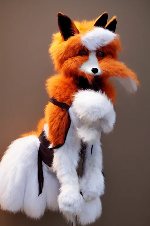 Image similar to an anthropomorphic fox with a fluffy tail as a fursuit, cosplay