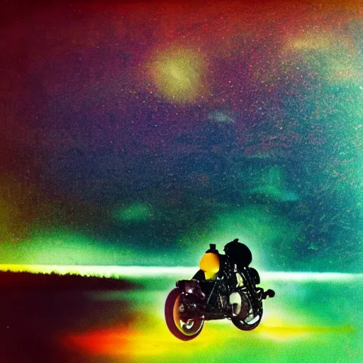 Prompt: photograph of a motorcycle floating in space inside magic colorful glowing fog, starry sky, tranquil, desolate, atmospheric, hazy, autochrome