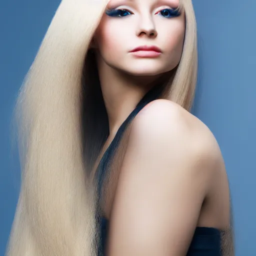 Image similar to a beautiful portrait of a woman with long blue Golden hair, studio camera setup, ultra realistic photo