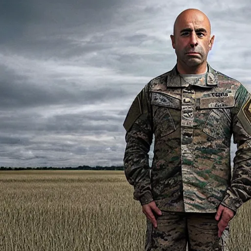 Image similar to “Joe Rogan standing in the middle of a field wearing the US Army uniform with a grumpy look on his face”