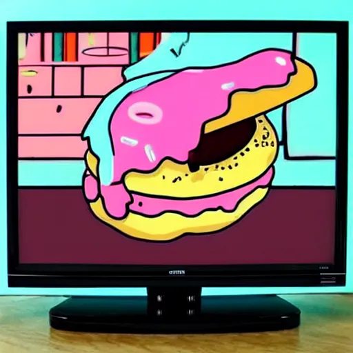 Prompt: A tv that has Mabel Pines!!!!!!! from Gravity falls tv show eating a donut on the tv