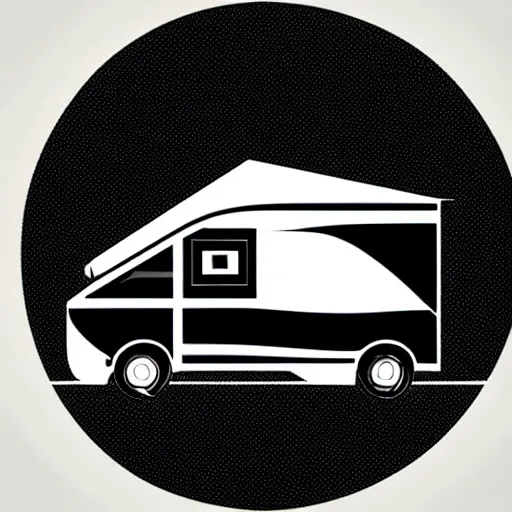 Image similar to very very very minimal vector graphic of a white and black cute thor chateau motorhome camper, color highway, mountains and sunset!!, all enclosed in a circle, white background, happy, professional minimal graphic design cartoon, award winning