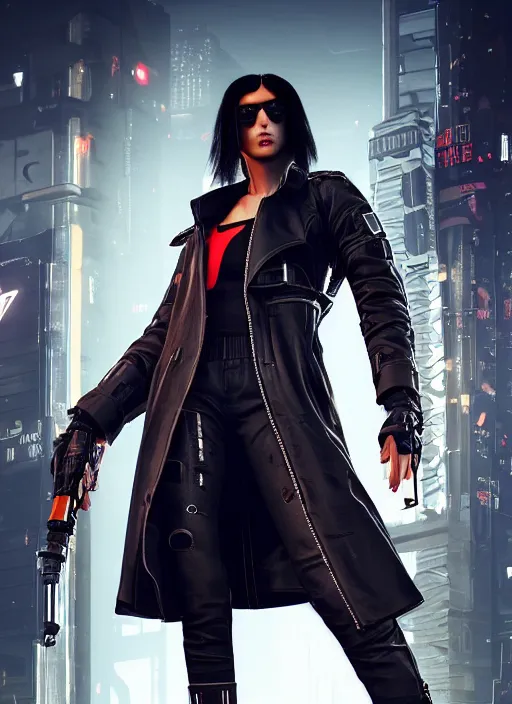 Image similar to black haired woman in a trench coat in a black cyberpunk 2 0 7 7, full body, intricate, highly detailed, face enhance, realistic