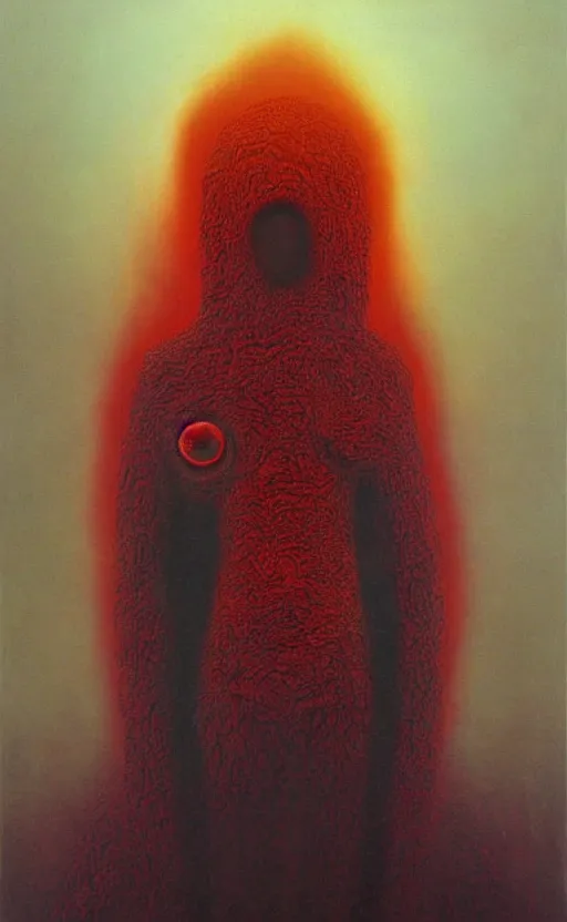 Image similar to black dramatic portrait painting of human with black mandelbrot fractal instead of face, in style of zdzisław beksinski, dark red, horror, body horror, scary,