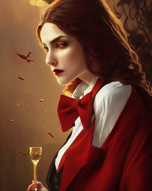 Image similar to female vampire, perfect face, gold waistcoat, red necktie, cinematic, stunning, highly detailed, digital painting, artstation, smooth, hard focus, illustration, art by artgerm and greg rutkowski and alphonse mucha