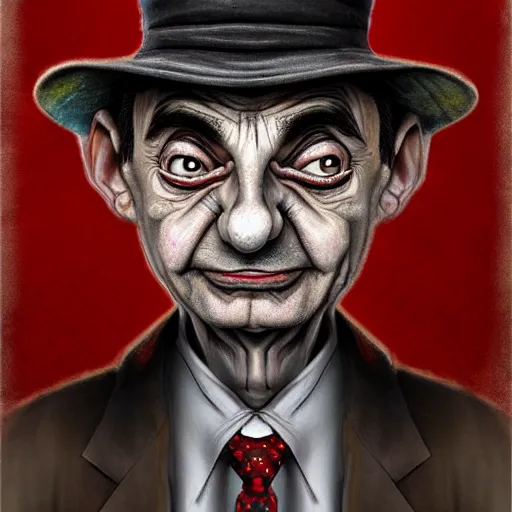 Image similar to surrealism grunge cartoon portrait sketch of Mr Bean, by michael karcz, loony toons style, freddy krueger style, horror theme, detailed, elegant, intricate