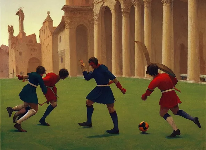 Prompt: aslouchy medieval knights playing soccer, rome, highly detailed, soft lighting, elegant, by edward hopper and james gilleard, zdzislaw beksinski, steven outram, highly detailed