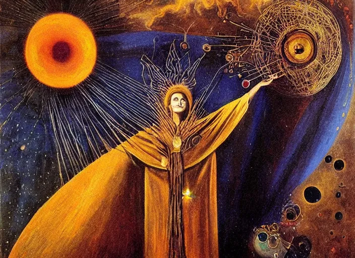 Image similar to a shaman woman holding up the cosmic!! universe, by remedios varo, reflection, symbolist!, magic colors, dramatic lighting, smooth, sharp focus, extremely detailed, aesthetically pleasing composition