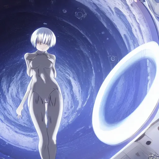 Image similar to !dream VFX SIMULATION, This is a digital art piece by Yoshiyuki Sadamoto that is trending on artstation. It is a 8K UHD image of Rei Ayanami, a female anime character, inside a space station with technological rings. She is shot from the ground by Yoshiyuki Sadamoto. The environment is a concept design and the art is hyper realistic with intricate details.