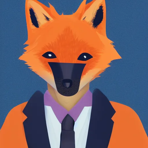 Image similar to “Young man wearing an orange-gala-fox-mask, darkblue suit and fluffy foxtail, digital art”