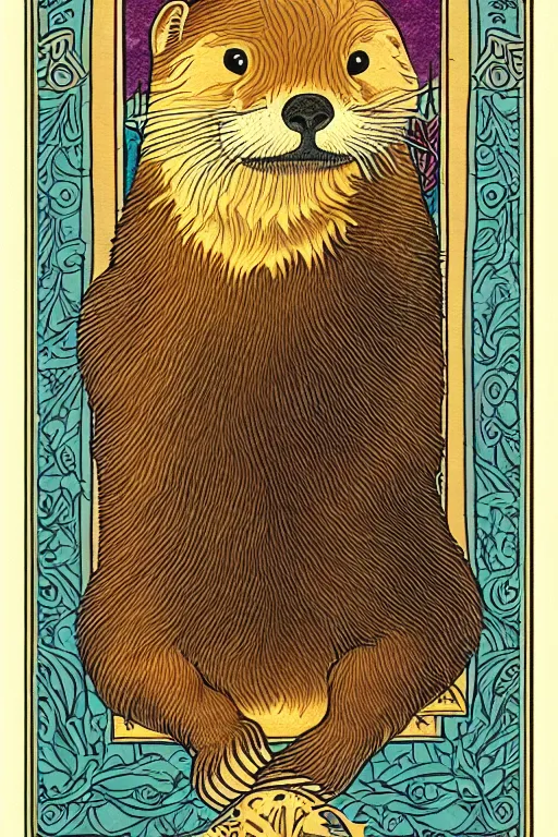 Image similar to tarot card illustration depicting an otter on the card tepmerance, framed in an elaborate line border, tarot card, detailed illustration, otter, furry art, artstation, 4 k