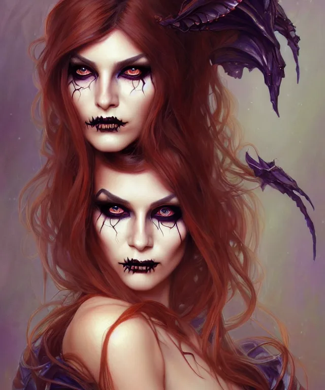 Image similar to Halloween makeup woman portrait, sci-fi, amber eyes, face, long hair, fantasy, intricate, elegant, highly detailed, digital painting, artstation, concept art, smooth, sharp focus, illustration, art by artgerm and greg rutkowski and alphonse mucha