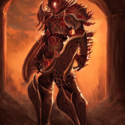 Image similar to blood paladin, fantasy art, located in a castle, legendary spiky armor, red sunlight through the window, decorated, high quality, highly detailed,