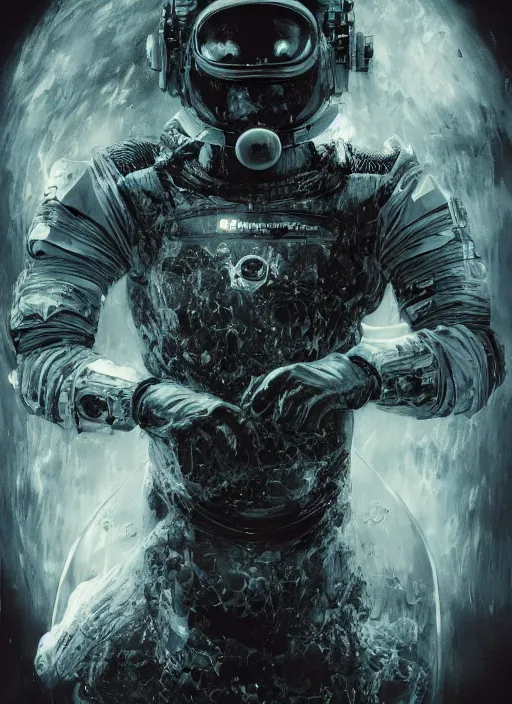 Prompt: astronauts in dark and empty void underwater - complex and hyperdetailed suit. reflection and dispersion materials. rays and dispersion of light. volumetric light. 5 0 mm, f / 3 2. noise film photo. flash photography. ultra realistic, wide angle. poster by wayne barlowe, hajime sorayama aaron horkey, craig mullins. dark key.