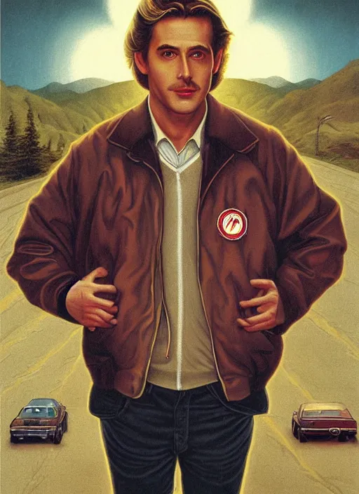 Image similar to twin peaks poster art, by michael whelan, rossetti bouguereau, artgerm, retro, nostalgic, old fashioned, 1 9 8 0 s teen horror novel cover, book, ryan gosling in letterman jacket small town crime scene being hunted by the killer
