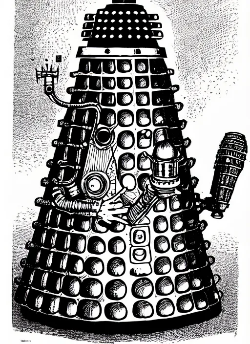 Prompt: a dalek as a d & d monster, pen - and - ink illustration, etching, by russ nicholson, david a trampier, larry elmore, 1 9 8 1, hq scan, intricate details, high contrast, no background
