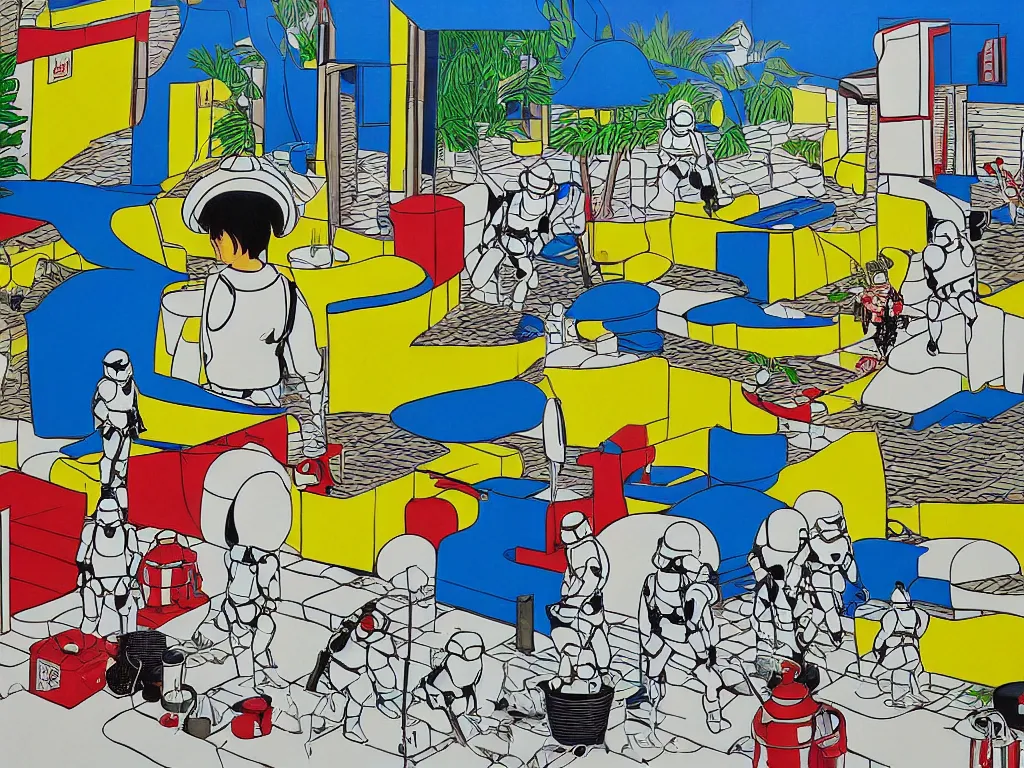 Image similar to hyperrealism composition of the japanese house with a hot springs onsen in the garden, two detailed stormtroopers in hot springs, pop - art style, jacky tsai style, andy warhol style, roy lichtenstein style, acrylic on canvas