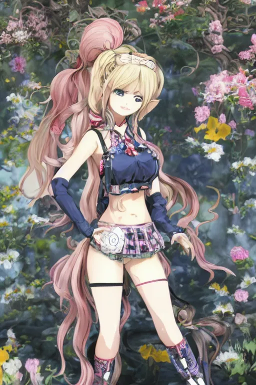 Prompt: junko enoshima, a gyaru model with long thick blonde pigtails, villainess, character design by Akihiko Yoshida in the style of Atelier Lulua, KyoAni, Granblue Fantasy, background art by Krenz Cushart in the style of Atelier Firis, Space Dandy, K-ON, illustration by Masamune Shirow in the style of Shining Resonance, Guilty Crown, Last Exile