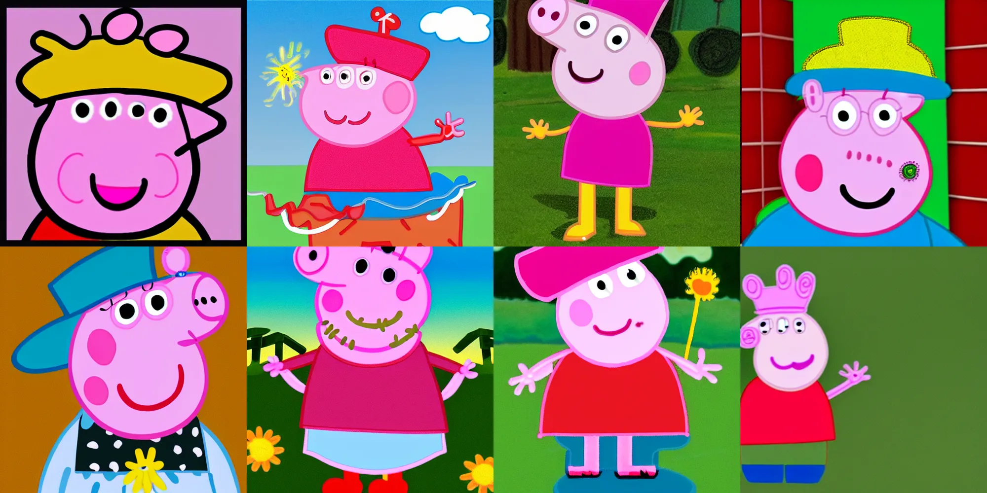 Prompt: peppa pig wearing a funny hat, peppa pig cartoon style