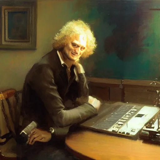 Image similar to portrait of isaac newton bulding a computer, artwork by gaston bussiere, craig mullins, trending on artstation