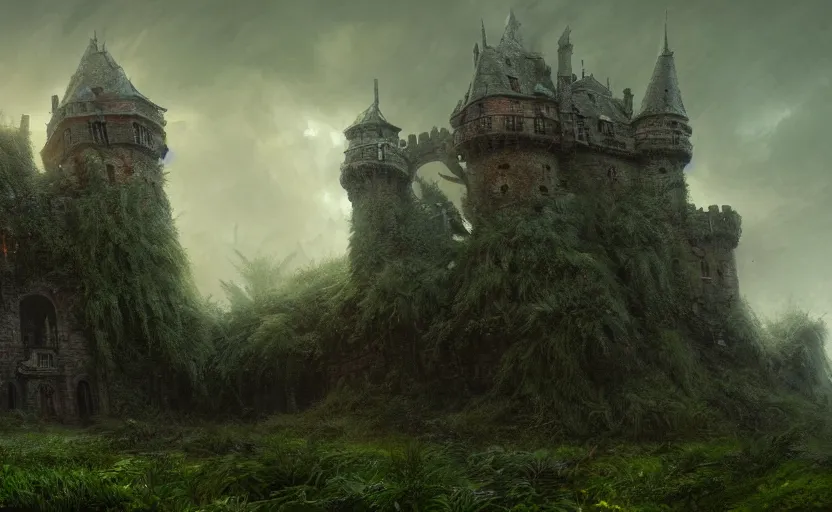 Prompt: wide angle shot of an old castle covered by plants with moody and cinematic lighting by greg ruthkowski and craig mullins and caspar david friedrich, cinematic and atmospheric, concept art, artstation, trending on artstation