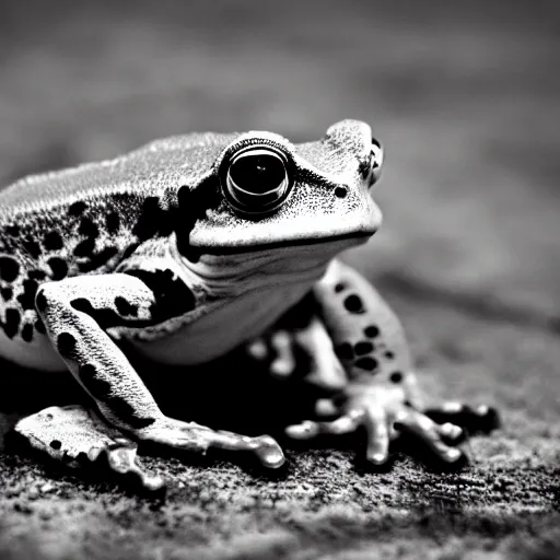 Image similar to cyborg frog with a camera lens as a head, front profile, monochromatic photo