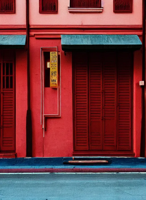 Prompt: minimalist street photography by wes anderson and by ansel adams, singapore shophouses, portra 4 0 0, intense shadows, warm hue, golden hour