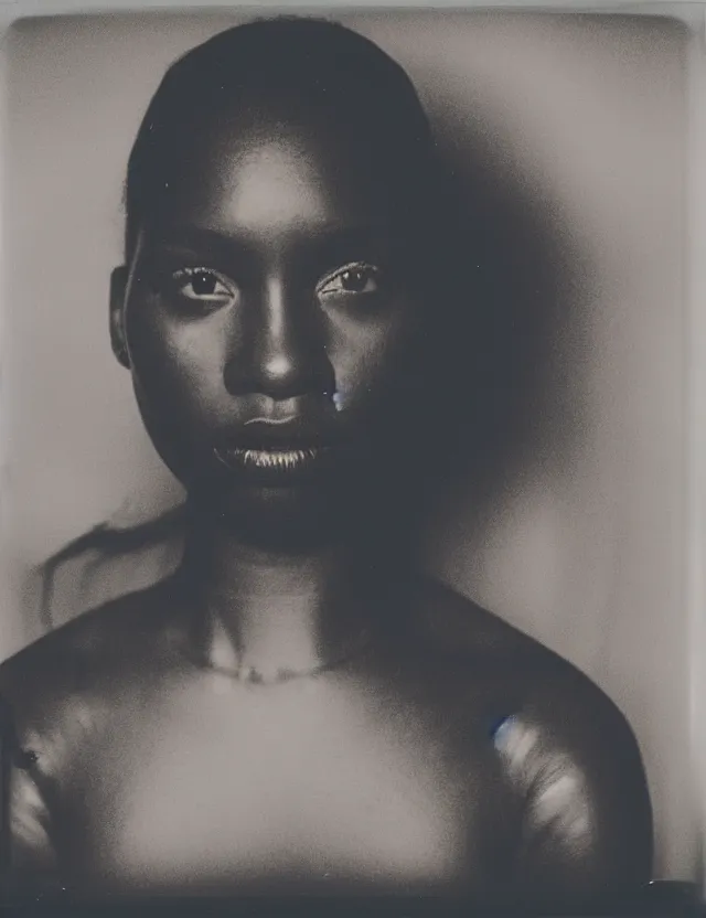 Image similar to polaroid photo with flash, portrait of a dark skin woman in top, polaroid photo bleached strong lights, kodak film stock, hyper real, stunning moody cinematography, with anamorphic lenses, by maripol, detailed