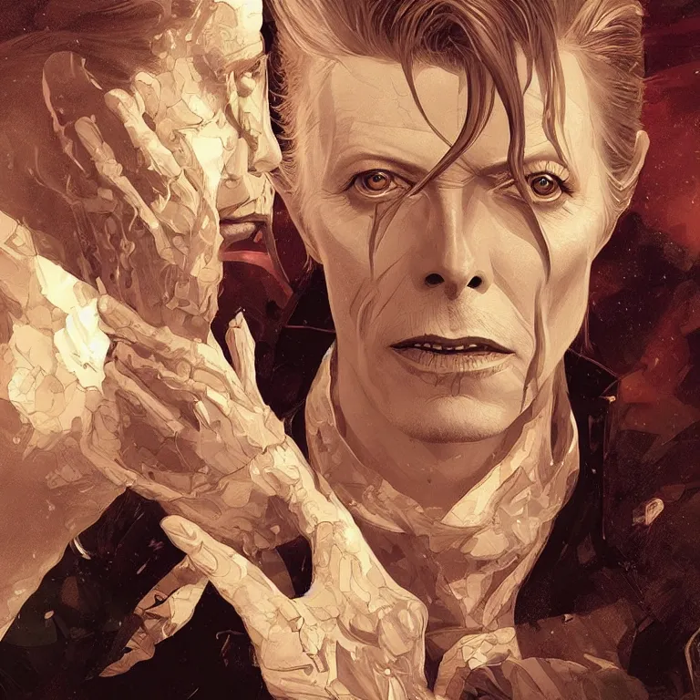 Prompt: portrait of David Bowie, fantasy, intricate, elegant, highly detailed, digital painting, artstation, concept art, smooth, sharp focus, illustration, art by artgerm and greg rutkowski and alphonse mucha