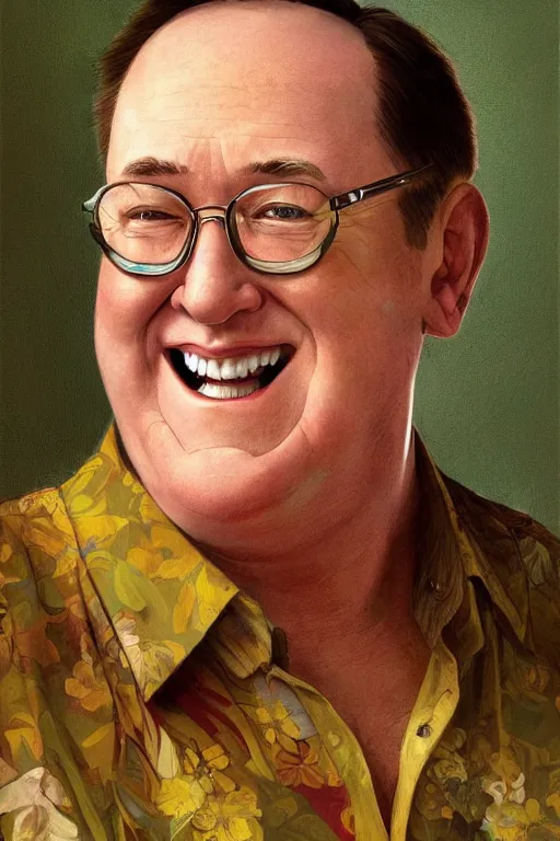 Prompt: John Lasseter portrait, smiling, highly detailed, digital painting, artstation, sharp focus, illustration, with Hawaiian shirt, art by Greg Rutkowski, Norman Rockwell and Alphonse Mucha,