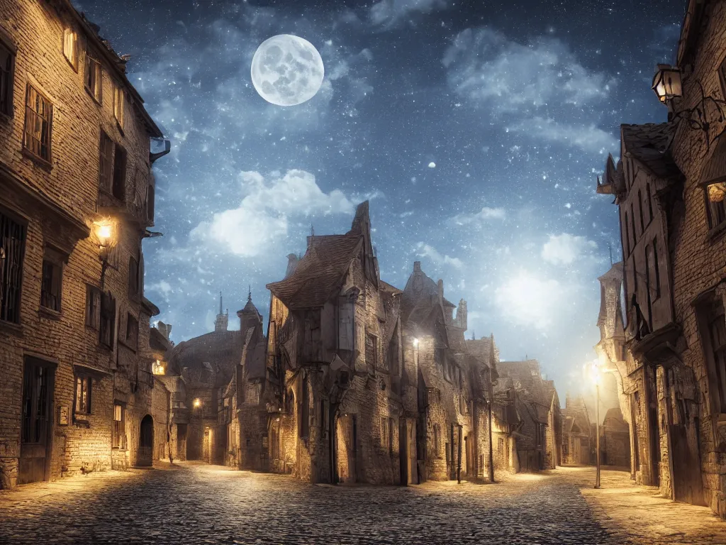 Image similar to moonlit medieval city street, moon covered with thin long horizontal clouds, photorealistic