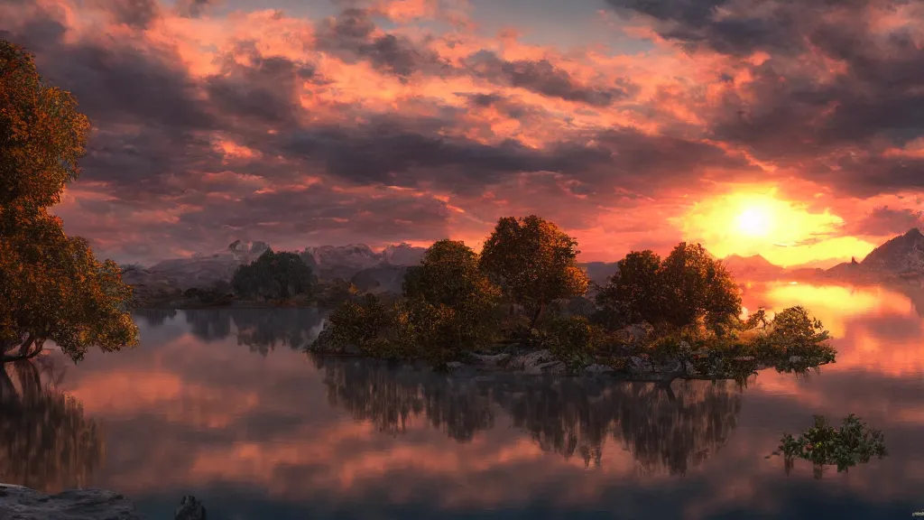 Image similar to amazing landscape with lake in sunset by mark adamus, fantasy artwork, very very very beautiful scenery, hd, hdr, ue5, ue6, unreal engine 5, cinematic 4k wallpaper, 8k, ultra detailed, high resolution, artstation, award winning