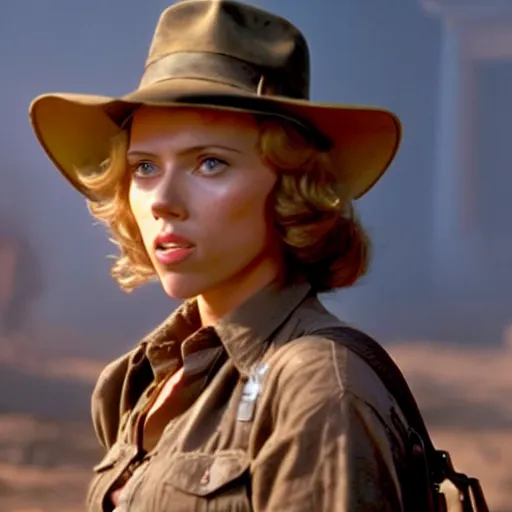 Prompt: A still photograph of Scarlett Johansson as Indiana Jones in Indiana Jones and the Raiders of the Lost Ark