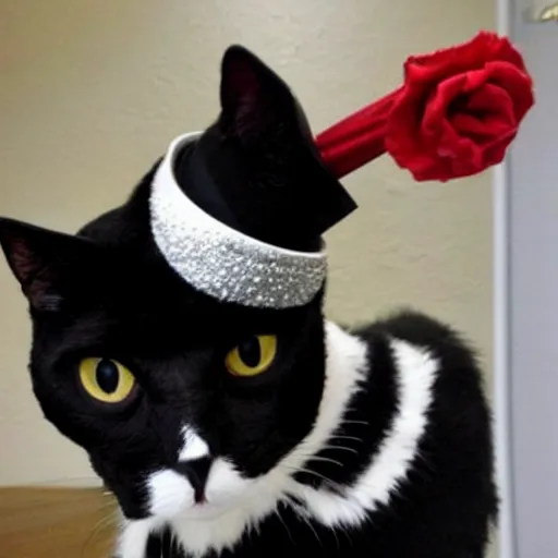 Image similar to a tuxedo cat dressed up as queen elizabeth