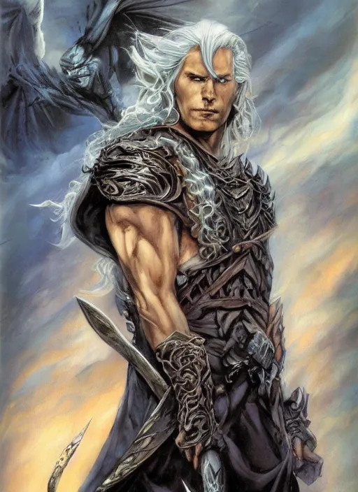 Prompt: a fantasy comic book style portrait of drizzt do'urden, oil painting by boris vallejo and julie bell and luis royo, full body portrait, hyper realistic, hd, intricate, elegant, character design, concept art, cinematic lighting