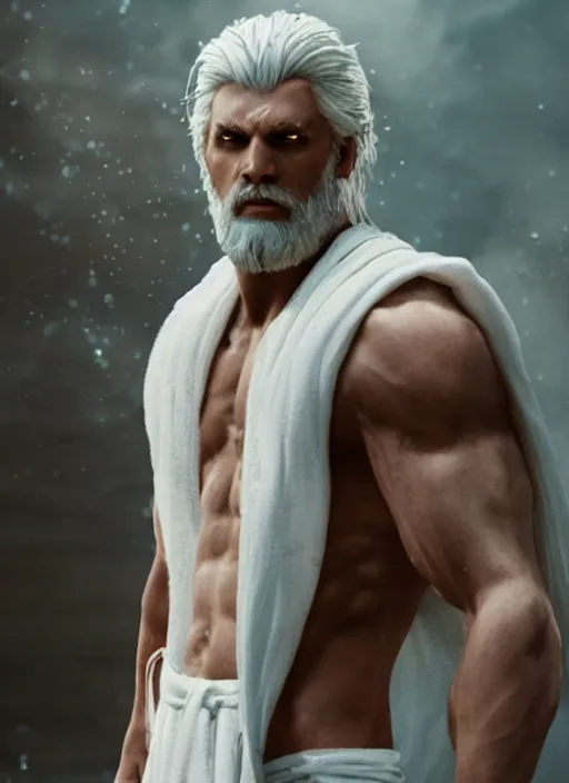 Image similar to zeus, god of thunder, greek god, white hair, powerful, upper body, white robe, in mortal kombat, splash art, movie still, cinematic lighting, dramatic, octane render, long lens, shallow depth of field, bokeh, anamorphic lens flare, 8 k, hyper detailed, 3 5 mm film grain