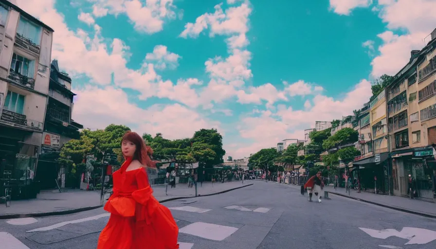 Prompt: a 3 5 mm photo by petra collins of a beautiful day in a city that looks like toyko, paris, kyoto and jiufen, cinematic lighting, cinematic look, golden hour, the clouds are epic and colorful with cinematic rays of light, a girl walks down the center of the street in a gucci dress, uhd