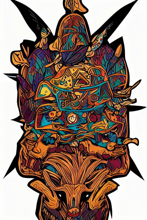 Image similar to animal mask totem roots flower tribal feather gemstone plant wood rock shaman vodoo video game vector cutout illustration vivid multicolor borderlands comics by josan gonzales and dan mumford radiating a glowing aura