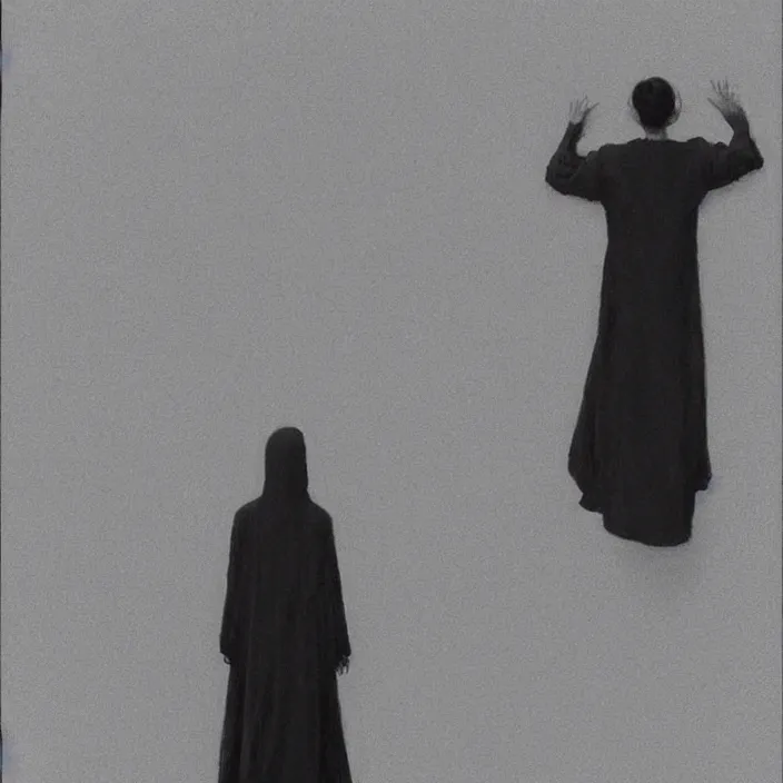 Prompt: woman in black robes in the wind, back to us, reaching out, highly detailed, artstation, art by edward hopper, zdislav beksinski, wayne barlowe, edward hopper