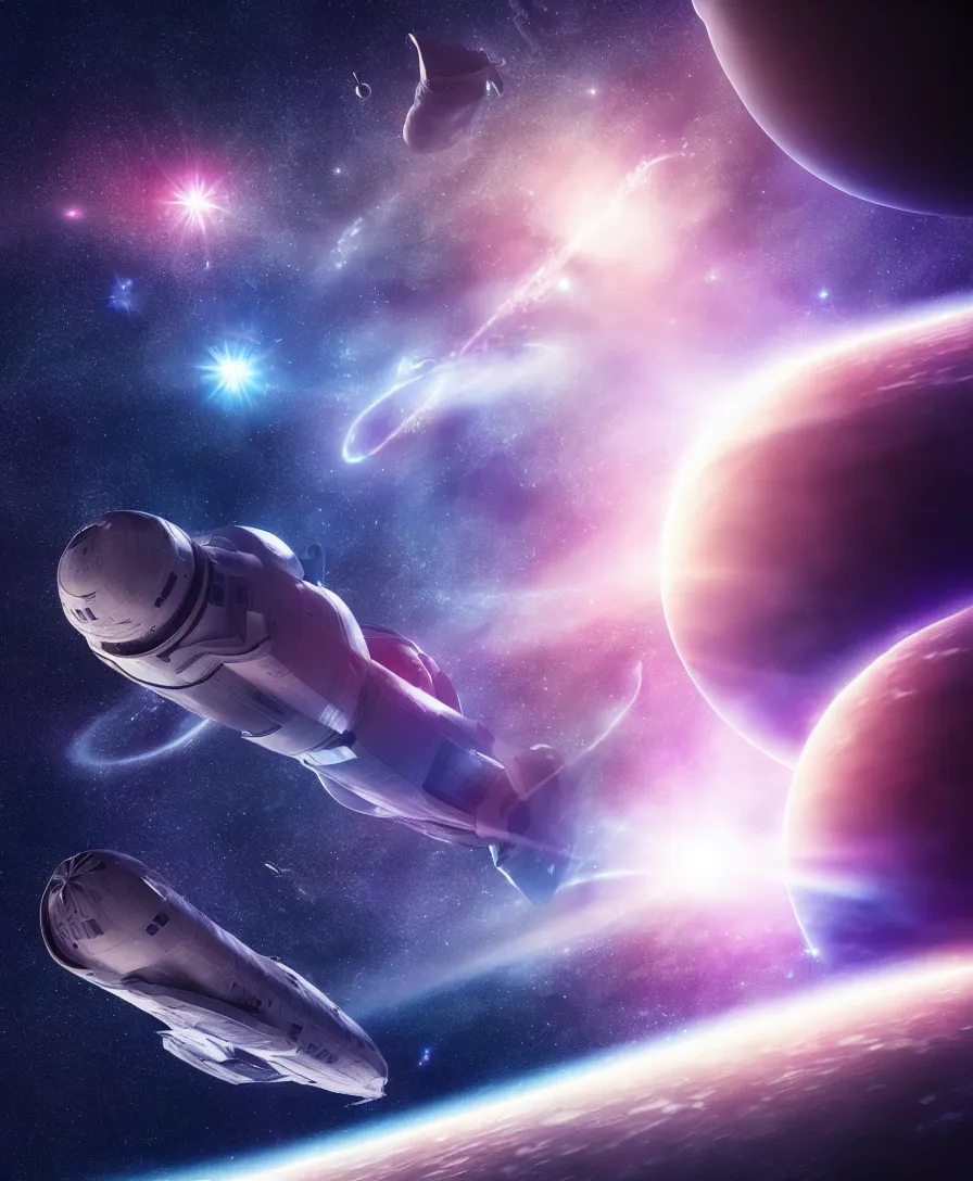 Prompt: realistic photo of space ship flying between galaxies, only one space ship in photo, stars and planets glowing around, 3 d octane render, very hyper realistic