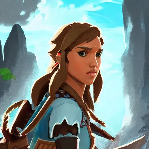 Image similar to jessica alba in the art style of breath of the wild, grimdark dramatic lighting, digital art, intricate, highly detailed, matte painting, fine art