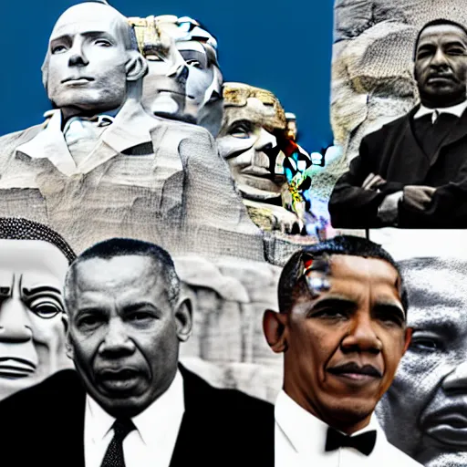 Prompt: harriet tubman, barack obama, matron luther king jr, colin powell faces on mount rushmore