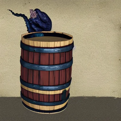 Image similar to a mimic barrel, a barrel with huge tentacles coming out of it