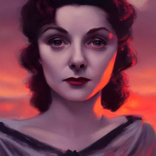 Prompt: a closeup portrait of a young vivian leigh, 1 9 2 0 s city background, gorgeous view, sunset, film noir, depth, by seb mckinnon, by greg rutkowski, by igor kieryluk, digital art, trending on artstation