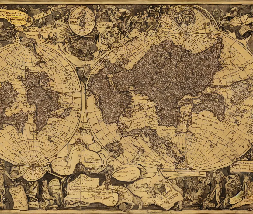 Prompt: highly detailed labeled atlas political map poster of a golden planet, heraldic, detailed, paper drawing, golden, silver and crimson ink, kingdoms and nature, intricate details, warhammer