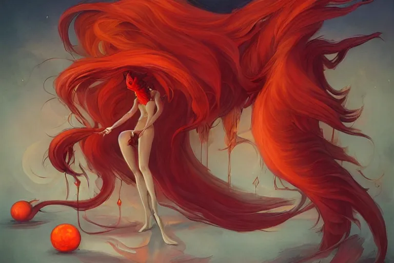 Image similar to prompt A beautiful red orange kumiho, nine fox tails, Peter Mohrbacher